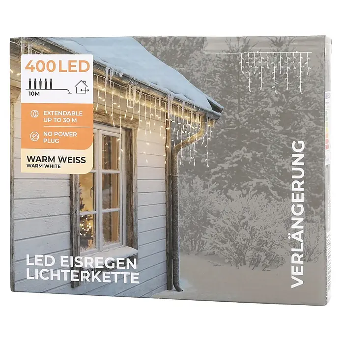 Nordstern LED-Lichterkette Eisregen - Außen, Lichtfarbe: Warmweiß, Anzahl Leuchtmittel: 400 Stk., Netzbetrieben - Verpackung für warmweiße LED-Eisregenlichterkette, 10m, erweiterbar, mit Lichtern an einem verschneiten Hausdach.