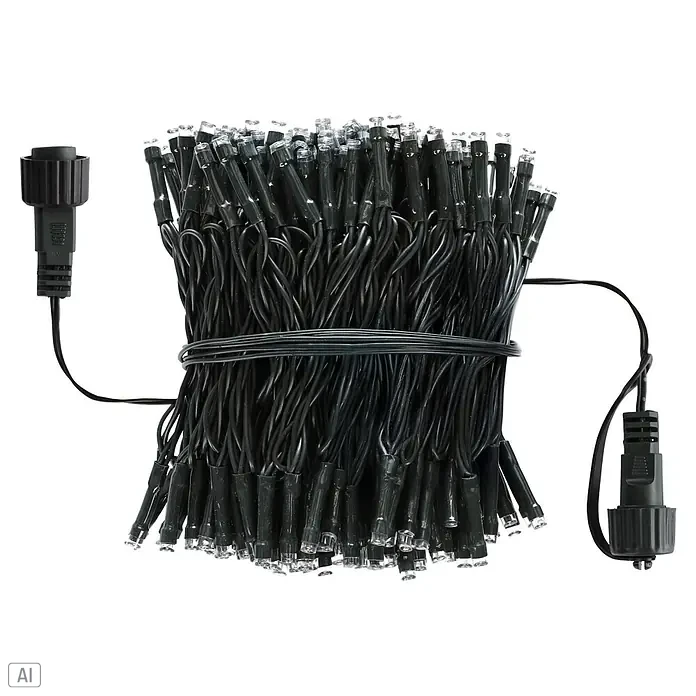 Nordstern LED-Lichterkette Connector-Set Verlängerung - Außen, Lichtfarbe: Warmweiß, Anzahl Leuchtmittel: 100 Stk., Netzbetrieben - Gebündelte schwarze LED-Lichterkette mit klaren Glühbirnen und Anschlüssen.