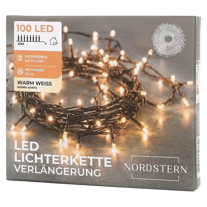 Nordstern LED-Lichterkette Connector-Set Verlängerung - Außen, Lichtfarbe: Warmweiß, Anzahl Leuchtmittel: 100 Stk., Netzbetrieben - Verpackung einer 100 warmweißen LED-Lichterkette, 10m lang, erweiterbar bis 40m, ohne Netzteil.