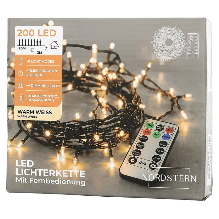 Nordstern LED-Lichterkette - Außen, Lichtfarbe: Warmweiß, Anzahl Leuchtmittel: 200 Stk., Netzbetrieben - 200 warmweiße LED Lichterkette (20m beleuchtet + 3m Zuleitung) mit Fernbedienung (inkl. CR2025 Batterie).