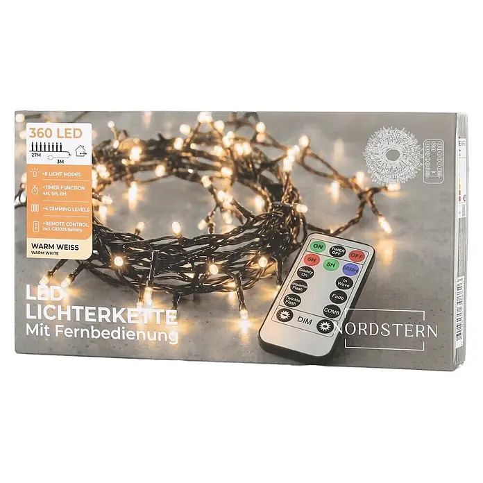 Nordstern LED-Lichterkette - Außen, Lichtfarbe: Warmweiß, Anzahl Leuchtmittel: 360 Stk., Netzbetrieben - Lichterkette mit 360 warmweißen LEDs und Fernbedienung, 27m lang.