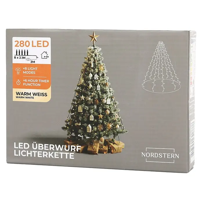 Nordstern Baummantel Überwurf Lichterkette - Außen, Länge: 2,1 m, Warmweiß - 280 LED warmweiße Überwurf Lichterkette für den Weihnachtsbaum mit 8 Modi und 6h-Timer.