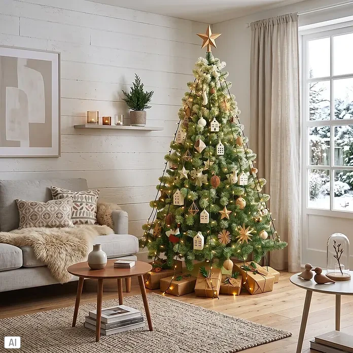 Nordstern Baummantel Überwurf Lichterkette - Außen, Länge: 1,8 m, Warmweiß - Ein festlich geschmückter Weihnachtsbaum mit warmen Lichtern und naturfarbenen Ornamenten steht in einem gemütlichen Wohnzimmer, umgeben von Geschenken.