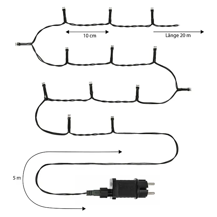 Nordstern LED-Lichterkette Basis-Set - Außen, Lichtfarbe: Warmweiß, Anzahl Leuchtmittel: 200 Stk., Netzbetrieben - Schwarze LED-Lichterkette mit 10 cm LED-Abstand, 20 m Gesamtlänge und 5 m Zuleitung mit Stecker.