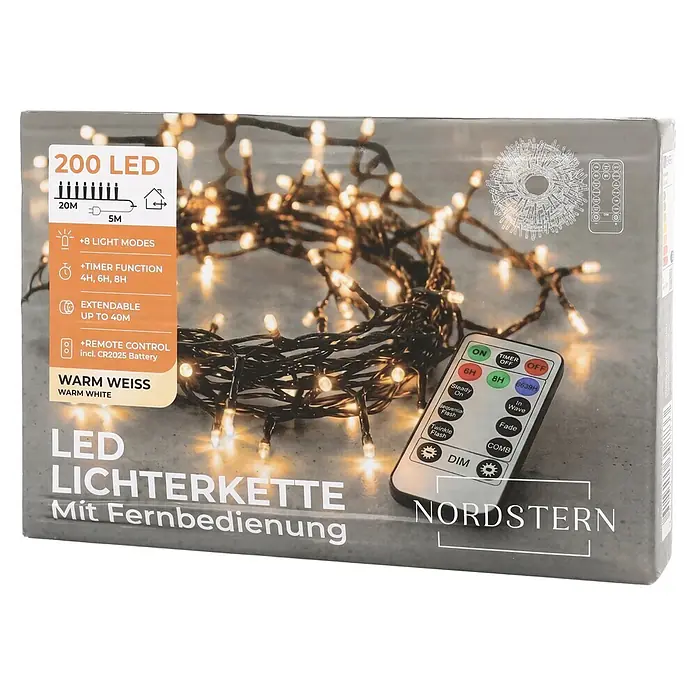 Nordstern LED-Lichterkette Basis-Set - Außen, Lichtfarbe: Warmweiß, Anzahl Leuchtmittel: 200 Stk., Netzbetrieben - Warmweiße LED Lichterkette (200 LEDs, 20m) mit Fernbedienung, Timer und erweiterbar bis 40m. Mit 8 Lichtmodi.
