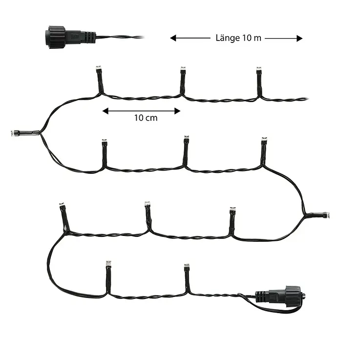 Nordstern LED-Lichterkette Connector-Set Verlängerung - Außen, Lichtfarbe: Warmweiß, Anzahl Leuchtmittel: 100 Stk., Netzbetrieben - Dunkelgrüne LED Lichterkette, 10m Gesamtlänge, mit LEDs im Abstand von 10cm, ausgestattet mit zwei Steckern.