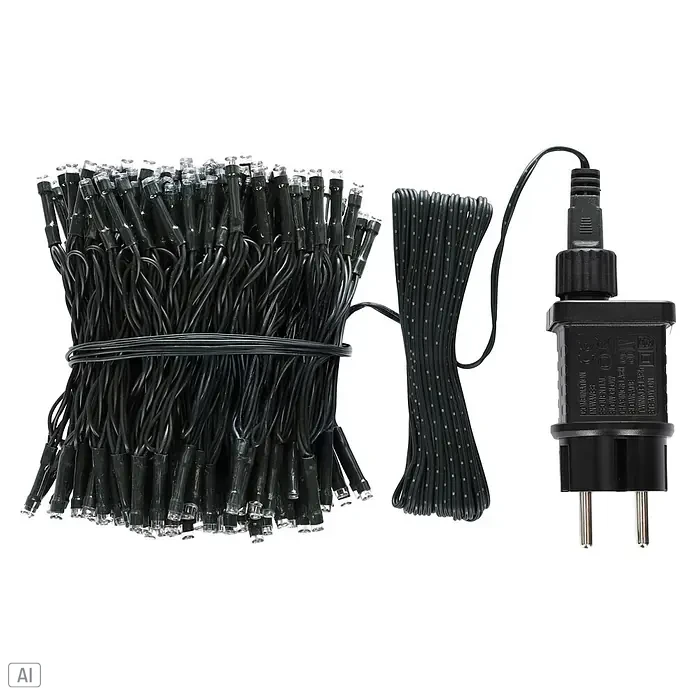 Nordstern LED-Lichterkette - Außen, Lichtfarbe: Warmweiß, Anzahl Leuchtmittel: 200 Stk., Netzbetrieben - Gebündelte schwarze LED-Lichterkette mit klaren Birnen und einem schwarzen Netzteil/Controller für verschiedene Leuchtmodi.