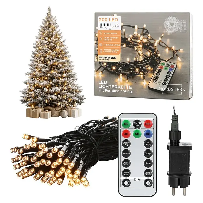 Nordstern LED-Lichterkette - Außen, Lichtfarbe: Warmweiß, Anzahl Leuchtmittel: 200 Stk., Netzbetrieben - 200 warmweiße LED-Lichterkette mit Fernbedienung, Timer, Dimmfunktion, Netzteil und Verpackung; auch an einem geschmückten Weihnachtsbaum.