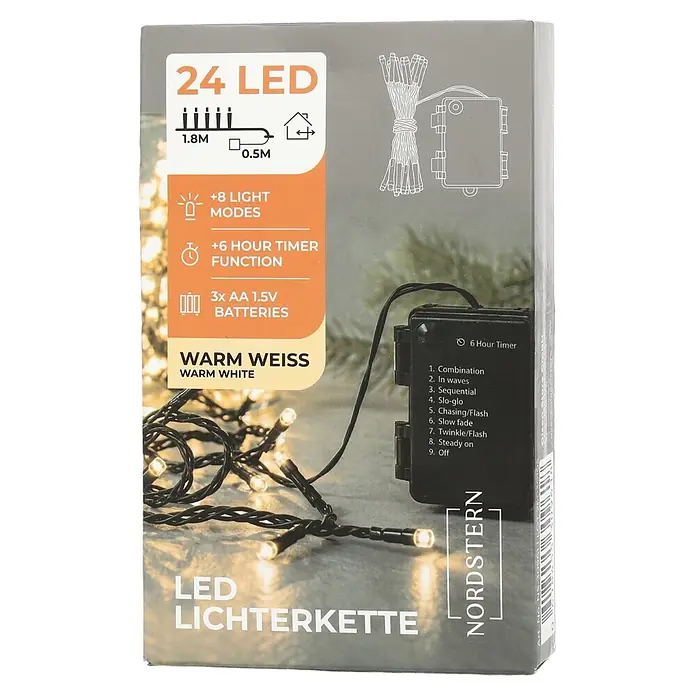 Nordstern LED-Lichterkette - Außen, Lichtfarbe: Warmweiß, Anzahl Leuchtmittel: 24 Stk., Batteriebetrieben - 24 warmweiße LED-Lichterkette mit schwarzem Kabel, batteriebetrieben, 1,8 m lang, 8 Modi, 6-Stunden-Timer.