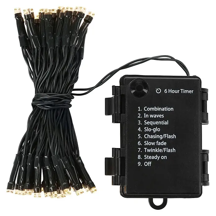 Nordstern LED-Lichterkette - Außen, Lichtfarbe: Warmweiß, Anzahl Leuchtmittel: 48 Stk., Batteriebetrieben - Schwarze LED-Lichterkette mit Steuerbox, 6-Stunden-Timer und 9 Modi.
