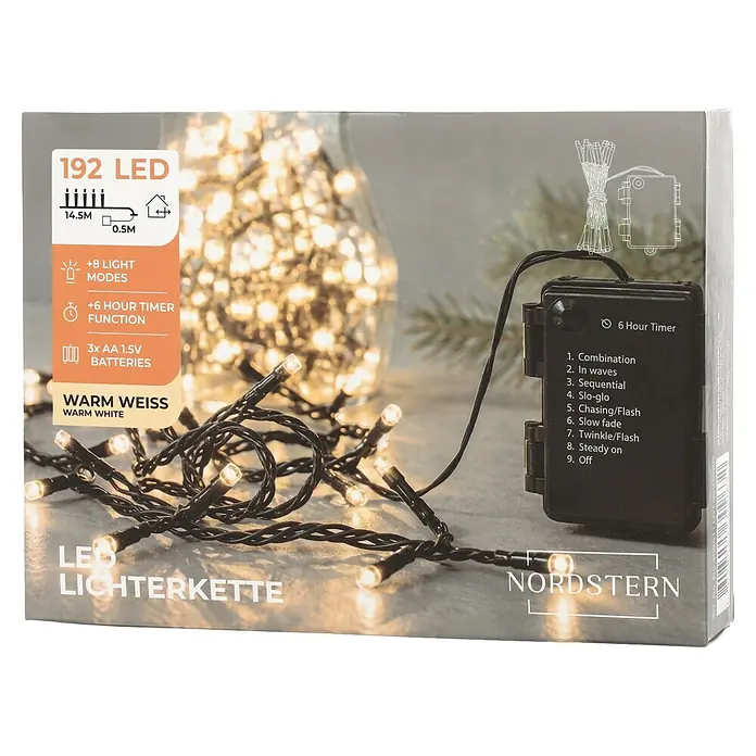 Nordstern LED-Lichterkette - Außen, Lichtfarbe: Warmweiß, Anzahl Leuchtmittel: 192 Stk., Batteriebetrieben - Warmweiße LED-Lichterkette, 192 LEDs, mit schwarzem Kabel, Batteriebox und Steuerung für 8 Lichtmodi und 6-Stunden-Timer.