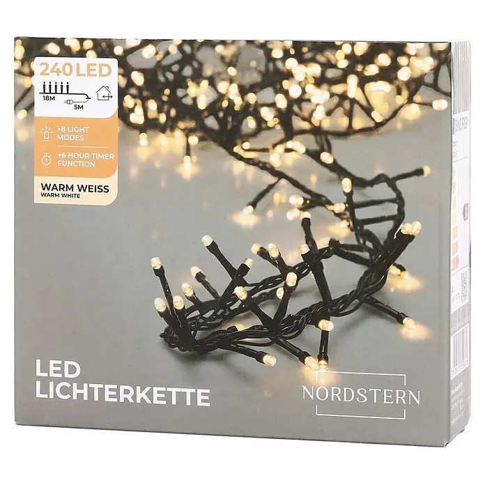 Nordstern LED-Lichterkette - Außen, Lichtfarbe: Warmweiß, Anzahl Leuchtmittel: 240 Stk., Netzbetrieben - Nordstern 240 LED warmweiße Lichterkette (18m, 5m Zuleitung), mit 8 Lichtmodi & 6-Stunden-Timer.