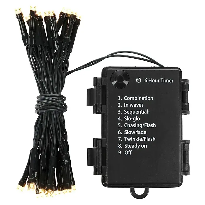 Nordstern LED-Lichterkette - Außen, Lichtfarbe: Warmweiß, Anzahl Leuchtmittel: 24 Stk., Batteriebetrieben - Schwarze LED-Lichterkette gebündelt, mit Steuerbox für 9 Lichtmodi und 6-Stunden-Timer.