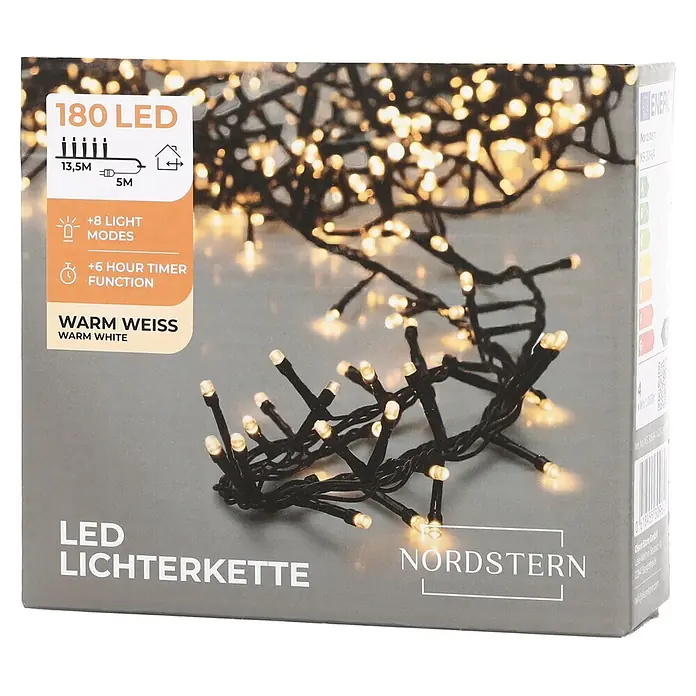 Nordstern LED-Lichterkette - Außen, Lichtfarbe: Warmweiß, Anzahl Leuchtmittel: 180 Stk., Netzbetrieben - Schachtel Nordstern 180 warmweiße LED Lichterkette, 13,5m, mit 8 Lichtmodi und 6-Stunden-Timer.