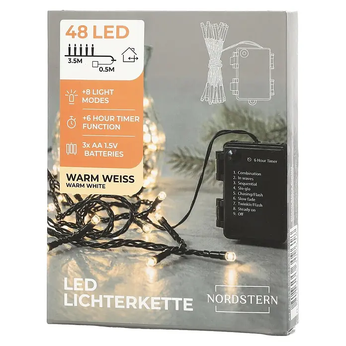 Nordstern LED-Lichterkette - Außen, Lichtfarbe: Warmweiß, Anzahl Leuchtmittel: 48 Stk., Batteriebetrieben - LED Lichterkette mit 48 warmweißen LEDs, 3,5m lang, batteriebetrieben mit 8 Modi und Timerfunktion.
