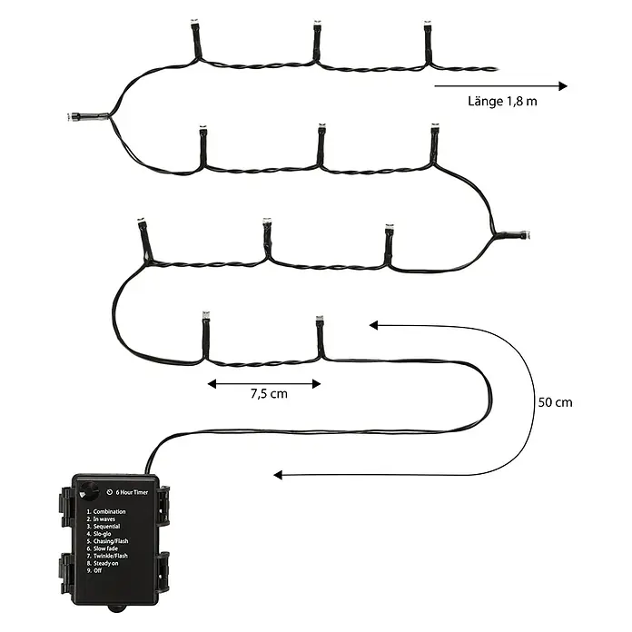 Nordstern LED-Lichterkette - Außen, Lichtfarbe: Warmweiß, Anzahl Leuchtmittel: 24 Stk., Batteriebetrieben - Schwarze LED Lichterkette mit 1,8m Länge, 7,5cm Abstand, 50cm Zuleitung und Steuerbox mit 9 Modi und 6-Stunden-Timer.