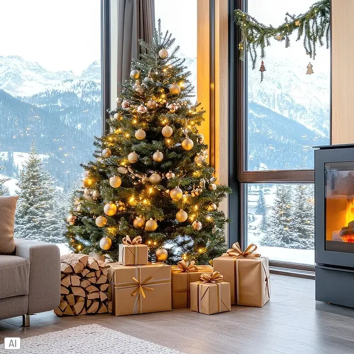 Nordstern LED-Lichterkette - Außen, Lichtfarbe: Warmweiß, Anzahl Leuchtmittel: 240 Stk., Netzbetrieben - Ein geschmückter Weihnachtsbaum mit goldenen Kugeln und Geschenken in einem gemütlichen Raum mit Bergblick.