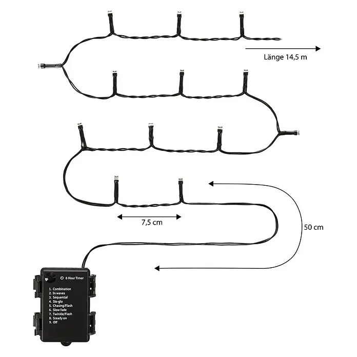 Nordstern LED-Lichterkette - Außen, Lichtfarbe: Warmweiß, Anzahl Leuchtmittel: 192 Stk., Batteriebetrieben - Schwarze LED-Lichterkette, 14,5 m lang, 7,5 cm Lampenabstand, 50 cm Zuleitung, Steuerbox mit 9 Modi und 6-Stunden-Timer.