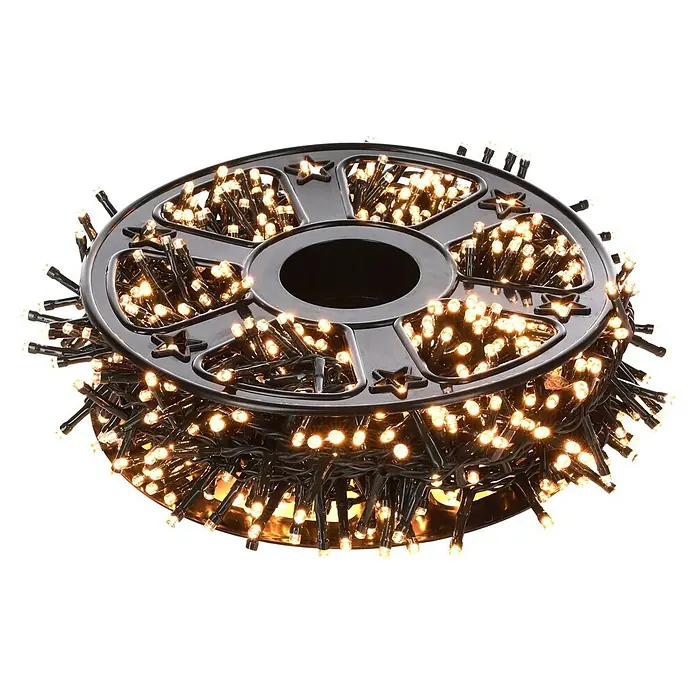 Nordstern LED-Lichterkette auf Spule - Außen, Lichtfarbe: Warmweiß, Anzahl Leuchtmittel: 1.000 Stk., Netzbetrieben - Warmweiße LED-Weihnachtslichterkette auf einer schwarzen Kunststoff-Aufbewahrungsrolle mit Sternenausschnitten.