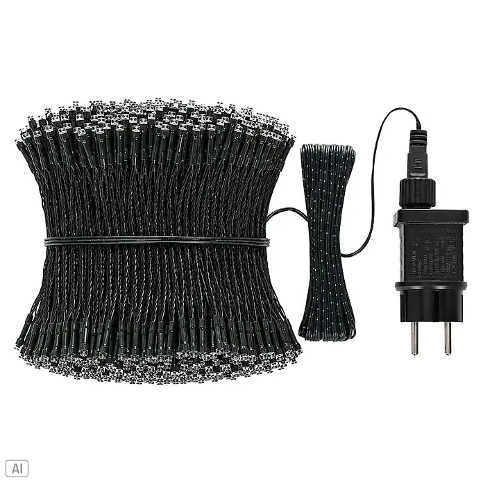 Nordstern LED-Lichterkette - Außen, Lichtfarbe: Warmweiß, Anzahl Leuchtmittel: 480 Stk., Netzbetrieben - Schwarz gebündelte LED-Lichterkette mit Netzteil und aufgerolltem Kabel. Kleine klare Glühbirnen sichtbar.