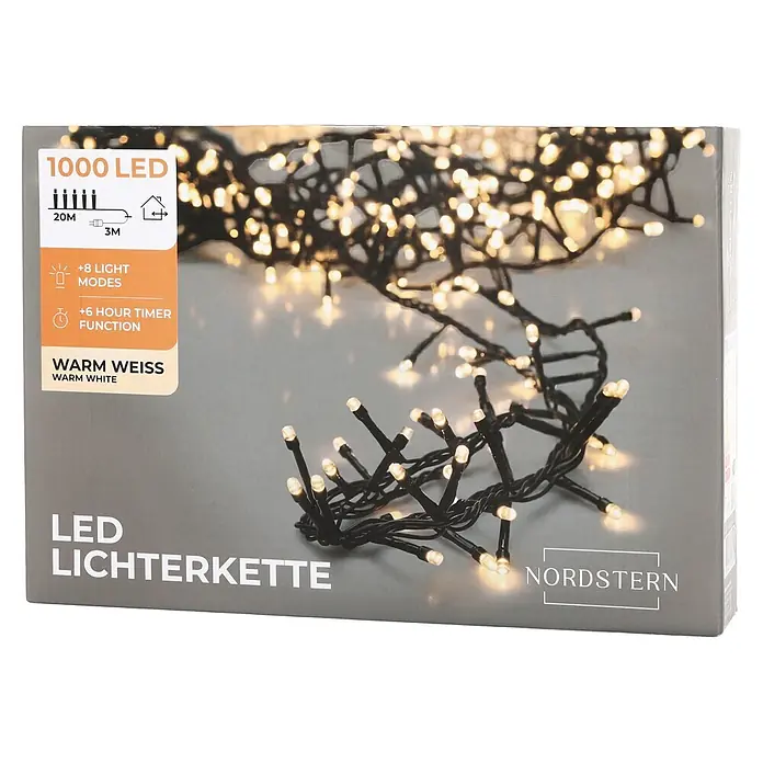 Nordstern LED-Lichterkette Büschel - Außen, Lichtfarbe: Warmweiß, Anzahl Leuchtmittel: 1.000 Stk., Netzbetrieben - Verpackung für 1000 warmweiße LED-Lichterkette, 20m lang mit 3m Zuleitung, 8 Lichtmodi und 6-Stunden-Timer.
