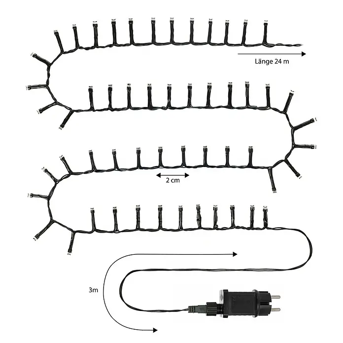 Nordstern LED-Lichterkette Büschel - Außen, Lichtfarbe: Warmweiß, Anzahl Leuchtmittel: 1.200 Stk., Netzbetrieben - Schwarze LED-Lichterkette, 24 m lang, mit 3 m Zuleitung und 2 cm Lampenabstand.