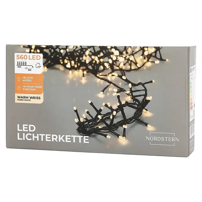 Nordstern LED-Lichterkette Büschel - Außen, Lichtfarbe: Warmweiß, Anzahl Leuchtmittel: 560 Stk., Netzbetrieben - Verpackung der Nordstern 560 warmweißen LED Lichterkette mit 8 Modi und 6-Stunden-Timer. Gesamtlänge 14M.