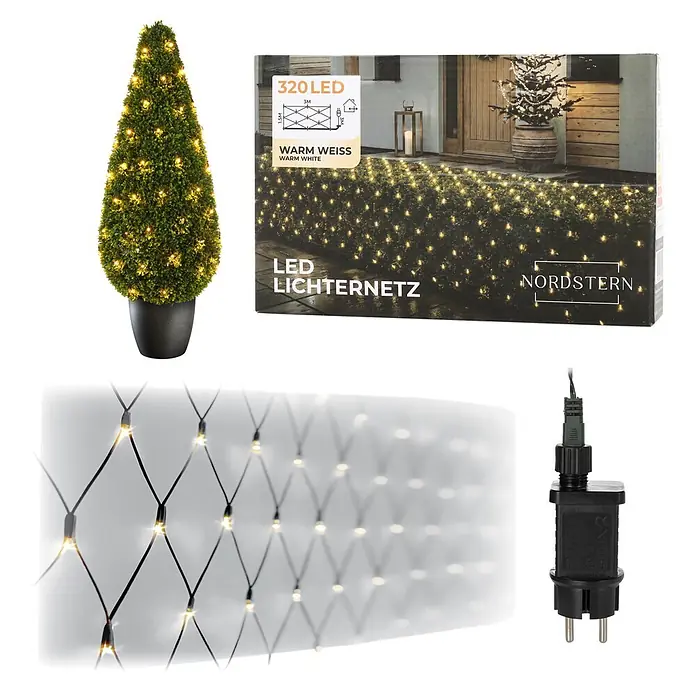 Nordstern LED-Lichtervorhang - Außen, 3 cm, Warmweiß, 320 Stk., Netzbetrieben - Warmweißes LED-Beleuchtungsset mit 320-LED-Lichternetz, beleuchtetem Buchsbaum und Netzteil.