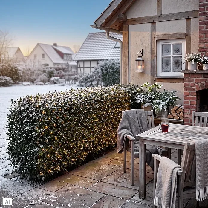 Nordstern LED-Lichtervorhang - Außen, 2 cm, Warmweiß, 160 Stk., Netzbetrieben - Warmweiße LED-Lichterkette in Netzform, auf einem schneebedeckten Buchsbaum im Garten, erhellt eine winterliche Terrasse.