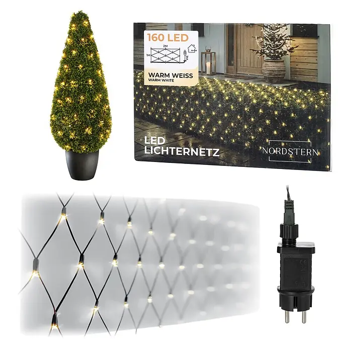 Nordstern LED-Lichtervorhang - Außen, 2 cm, Warmweiß, 160 Stk., Netzbetrieben - 160 LED warmweißes Lichternetz (2x1m) mit Adapter für den Außenbereich.