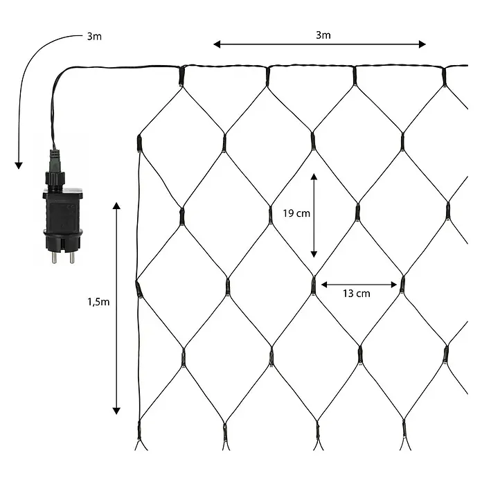 Nordstern LED-Lichtervorhang - Außen, 3 cm, Warmweiß, 320 Stk., Netzbetrieben - Schwarzes Lichterkette-Netz, 3m breit, mit 1,5m Stromkabel. Maschen 19cm hoch, 13cm breit.