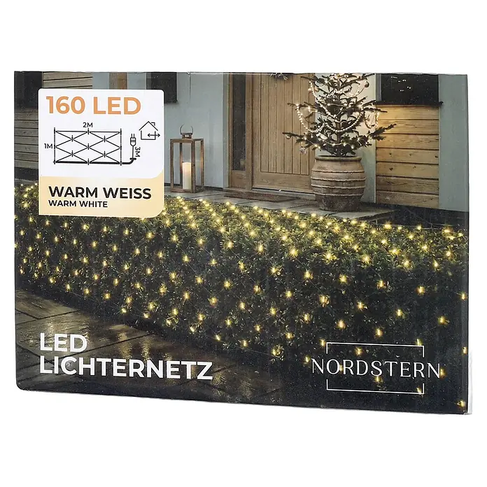 Nordstern LED-Lichtervorhang - Außen, 2 cm, Warmweiß, 160 Stk., Netzbetrieben - Warmweißes LED-Lichternetz (2x1m, 160 LEDs) auf einer Hecke zur festlichen Außendekoration.