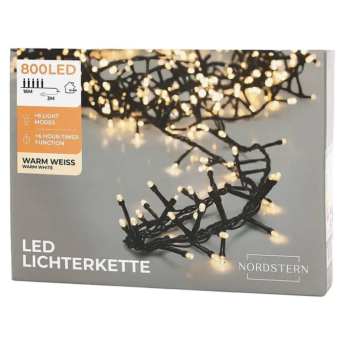 Nordstern LED-Lichterkette Büschel - Außen, Lichtfarbe: Warmweiß, Anzahl Leuchtmittel: 800 Stk., Netzbetrieben - Verpackung Nordstern warmweiße LED Lichterkette mit 800 LEDs, 16m Länge, 8 Modi und 6-Stunden-Timer.