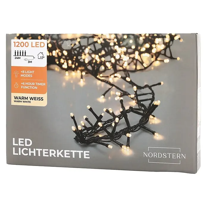 Nordstern LED-Lichterkette Büschel - Außen, Lichtfarbe: Warmweiß, Anzahl Leuchtmittel: 1.200 Stk., Netzbetrieben - Verpackung für Nordstern warmweiße LED-Lichterkette (1200 LEDs, 24m + 3m Kabel) mit 8 Modi und 6-Stunden-Timer.
