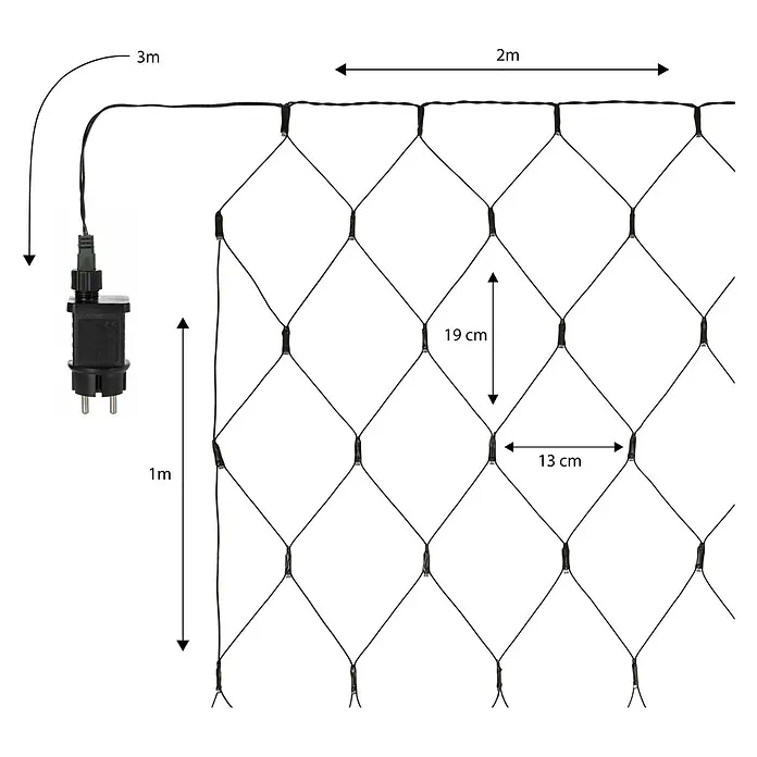 Nordstern LED-Lichtervorhang - Außen, 2 cm, Warmweiß, 160 Stk., Netzbetrieben - Schwarzes Lichterkette-Netz, 2m breit x 1m hoch, mit 3m Stromkabel. Die Maschen haben 19cm vertikalen und 13cm horizontalen Abstand.