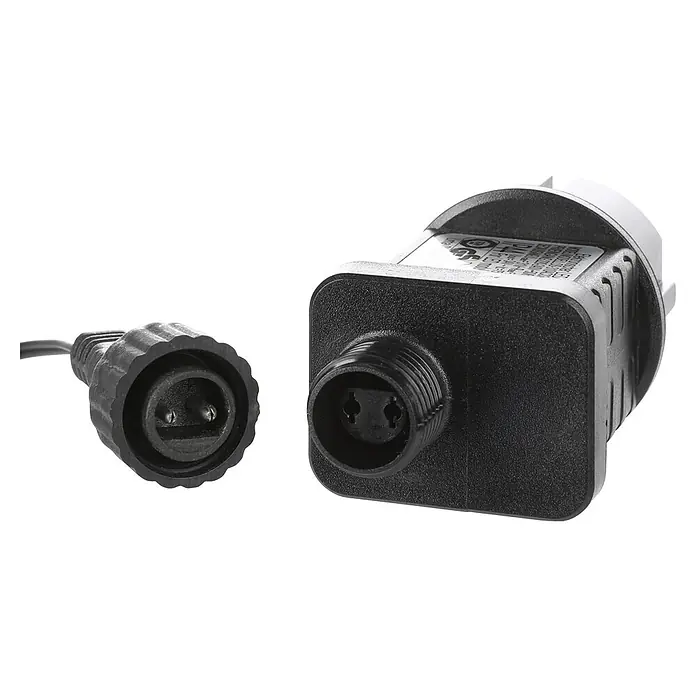 Nordstern LED-Lichtervorhang - Außen, 2 cm, Warmweiß, 160 Stk., Netzbetrieben - Schwarzer LED-Transformator mit zweipoliger Buchse und passendem Stecker am Kabel.