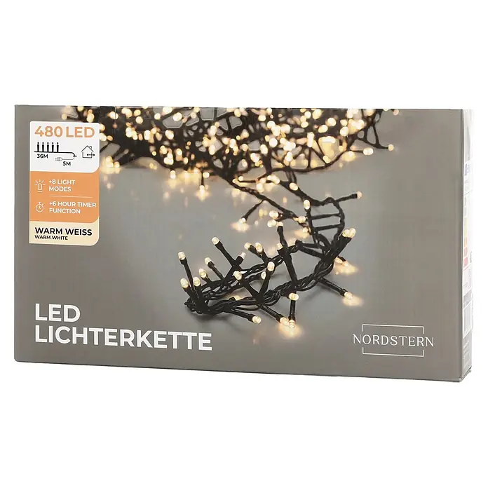 Nordstern LED-Lichterkette - Außen, Lichtfarbe: Warmweiß, Anzahl Leuchtmittel: 480 Stk., Netzbetrieben - Verpackung mit 480 warmweißen LED-Lichterkette (36m + 5m Kabel) mit 8 Modi und 6h Timer.
