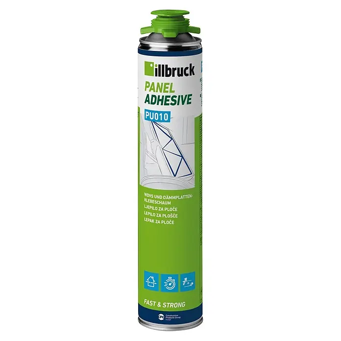 Illbruck Klebeschaum PU 010 - 750 ml - Grüne und weiße illbruck PANEL ADHESIVE PU010 Sprühdose mit grünem Deckel für Dämmplatten.