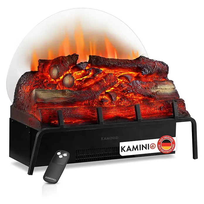 Elektrischer Kamin KAMINIO Noah - 27,5 x 59,5 x 47 cm, Schwarz - Schwarzer elektrischer Kamineinsatz mit glühenden Holzscheiten, realistischen Flammen und Fernbedienung.