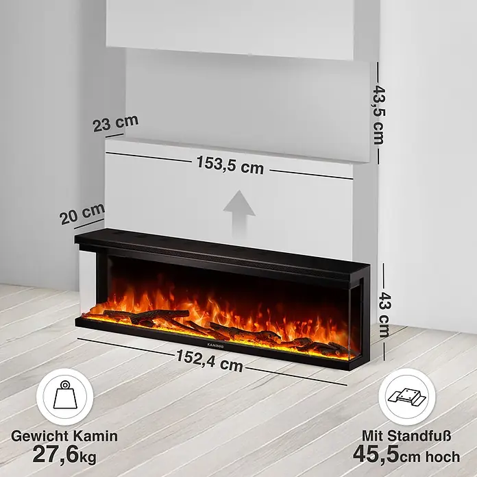 Elektrischer Kamin KAMINIO Lea 60 - 20 x 152,4 x 43 cm, Schwarz - Schwarzer Elektrokamin mit Flammenoptik und Holzscheiten, Maße 152,4 cm Länge, 43 cm Höhe, 27,6 kg Gewicht. Inkl. Standfuß 45,5 cm hoch.