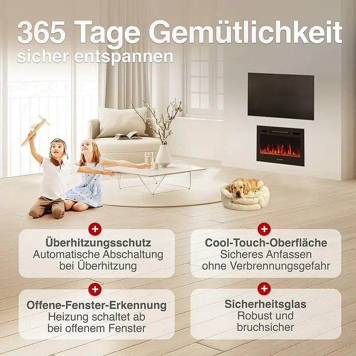 Elektrischer Kamin KAMINIO Lea 24 - 20 x 61 x 43 cm, Schwarz - Moderner Elektrokamin mit realistischen Flammen in einem gemütlichen Wohnzimmer, von einer Familie mit Hund genossen.