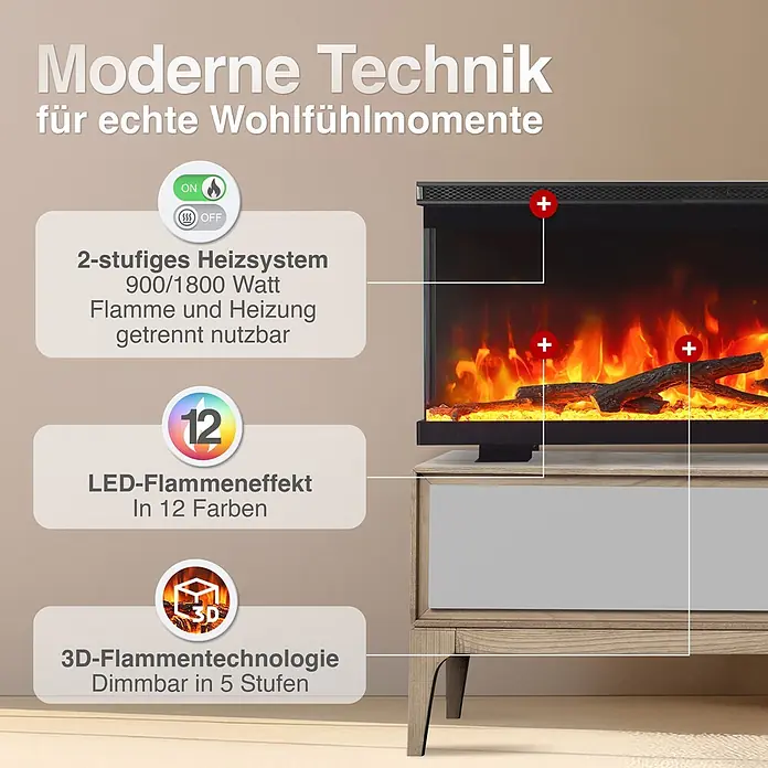 Elektrischer Kamin KAMINIO Lea 60 - 20 x 152,4 x 43 cm, Schwarz - Moderner Elektrokamin mit 2-stufiger Heizung, 12-farbigem LED-Flammen- und dimmbarem 3D-Effekt.