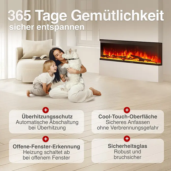 Elektrischer Kamin KAMINIO Lea 60 - 20 x 152,4 x 43 cm, Schwarz - Elektrischer Kamin in Wohnzimmerumgebung mit Familie. Betont sichere Nutzung durch Überhitzungsschutz, Cool-Touch-Oberfläche und Sicherheitsglas.