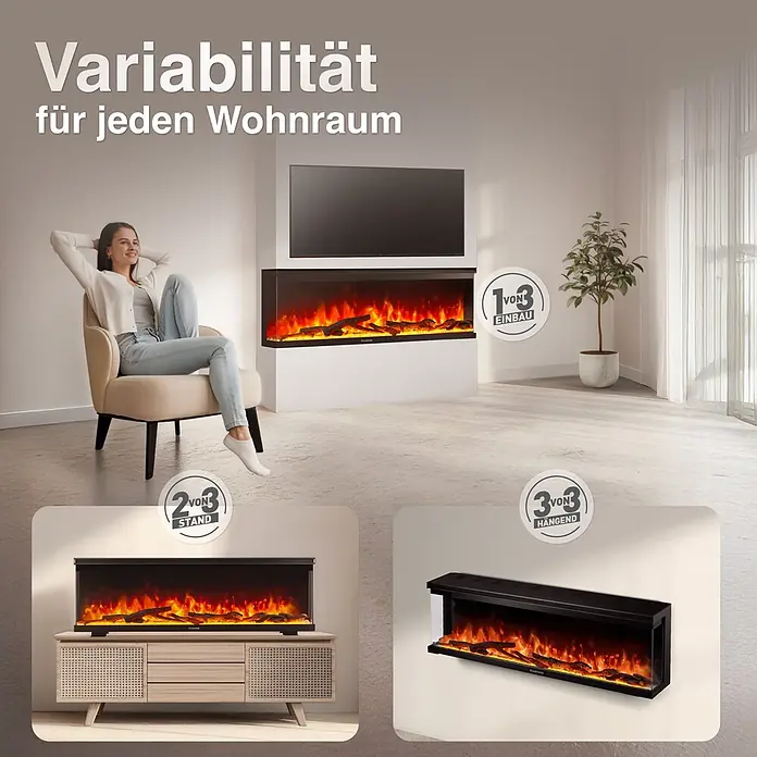 Elektrischer Kamin KAMINIO Lea 60 - 20 x 152,4 x 43 cm, Schwarz - Schwarzer Elektrokamin mit realistischen Flammen, gezeigt als Einbau-, Stand- und Wandgerät.