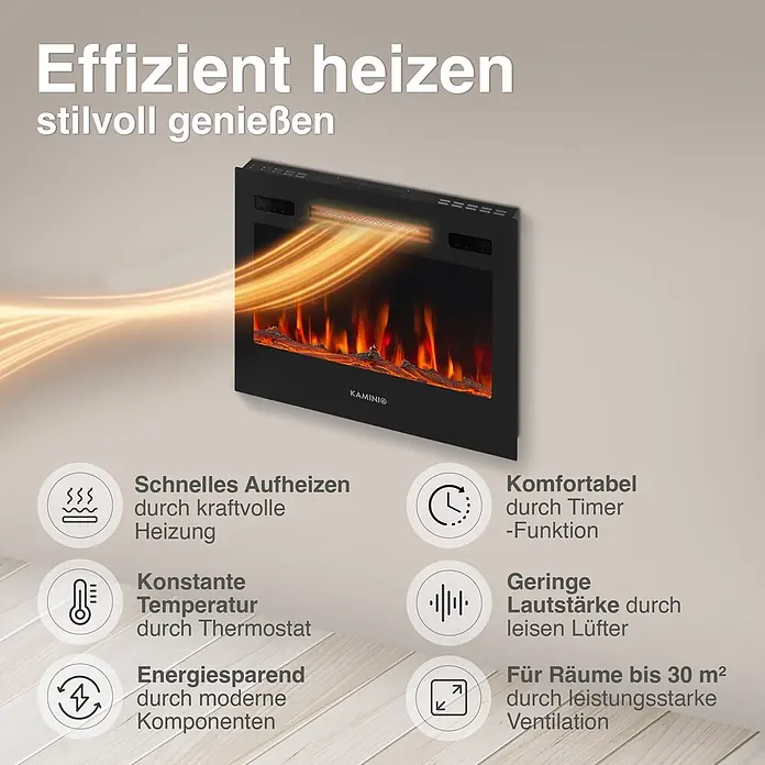 Elektrischer Kamin KAMINIO Lea 24 - 20 x 61 x 43 cm, Schwarz - Schwarzer elektrischer Kamineinsatz mit glühenden Holzscheiten, realistischen Flammen und warmer Luft, betont effiziente Heizfunktionen.