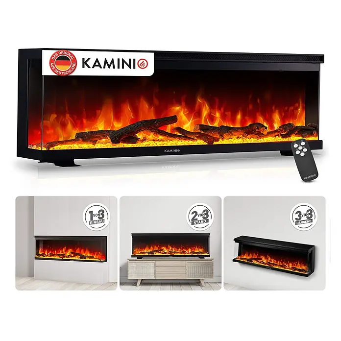 Elektrischer Kamin KAMINIO Lea 60 - 20 x 152,4 x 43 cm, Schwarz - Schwarzer Elektrokamin mit realistischen Flammen und Holzscheiten, gezeigt mit Fernbedienung und drei Installationsmöglichkeiten: Einbau, Stand und Wandmontage.
