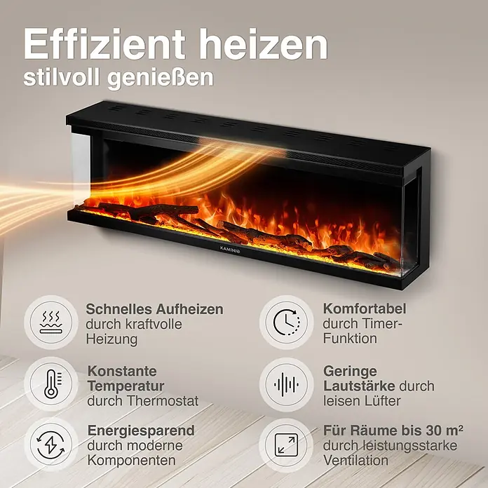 Elektrischer Kamin KAMINIO Lea 60 - 20 x 152,4 x 43 cm, Schwarz - Schwarzer Wand-Elektrokamin mit realistischen Flammen und Heizelementen. Effizientes und stilvolles Heizen für moderne Räume.
