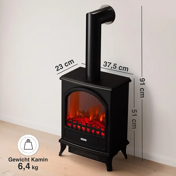 Elektrischer Kamin KAMINIO Leni mit Ofenrohr - 23 x 37,5 x 91 cm, Schwarz - Schwarzer Elektrokamin mit Schornsteinattrappe und künstlichen Flammen. Maße und Gewicht sind angegeben.