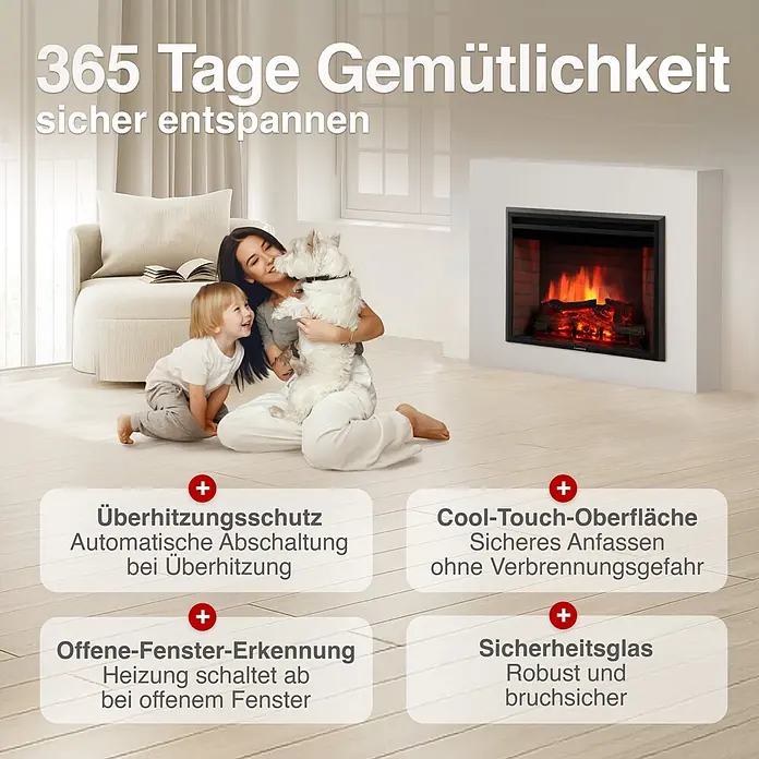 Elektrischer Kamin KAMINIO Luca 30 - 22,5 x 76 x 58,5 cm, Schwarz - Elektrischer Kamin in gemütlichem Wohnzimmer mit Familie. Hebt Sicherheitsmerkmale wie Cool-Touch-Oberfläche, Überhitzungsschutz und Sicherheitsglas hervor.