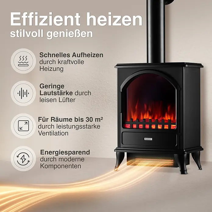 Elektrischer Kamin KAMINIO Leni mit Ofenrohr - 23 x 37,5 x 91 cm, Schwarz - Schwarzer elektrischer Kaminofen mit simulierten Flammen, der schnelle Heizung, leisen Betrieb und Energieeffizienz hervorhebt.